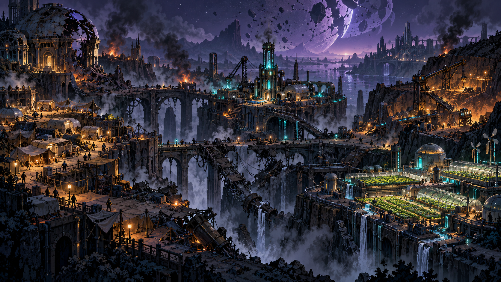 Starfall artwork of a ruined settlement beneath a fractured moon