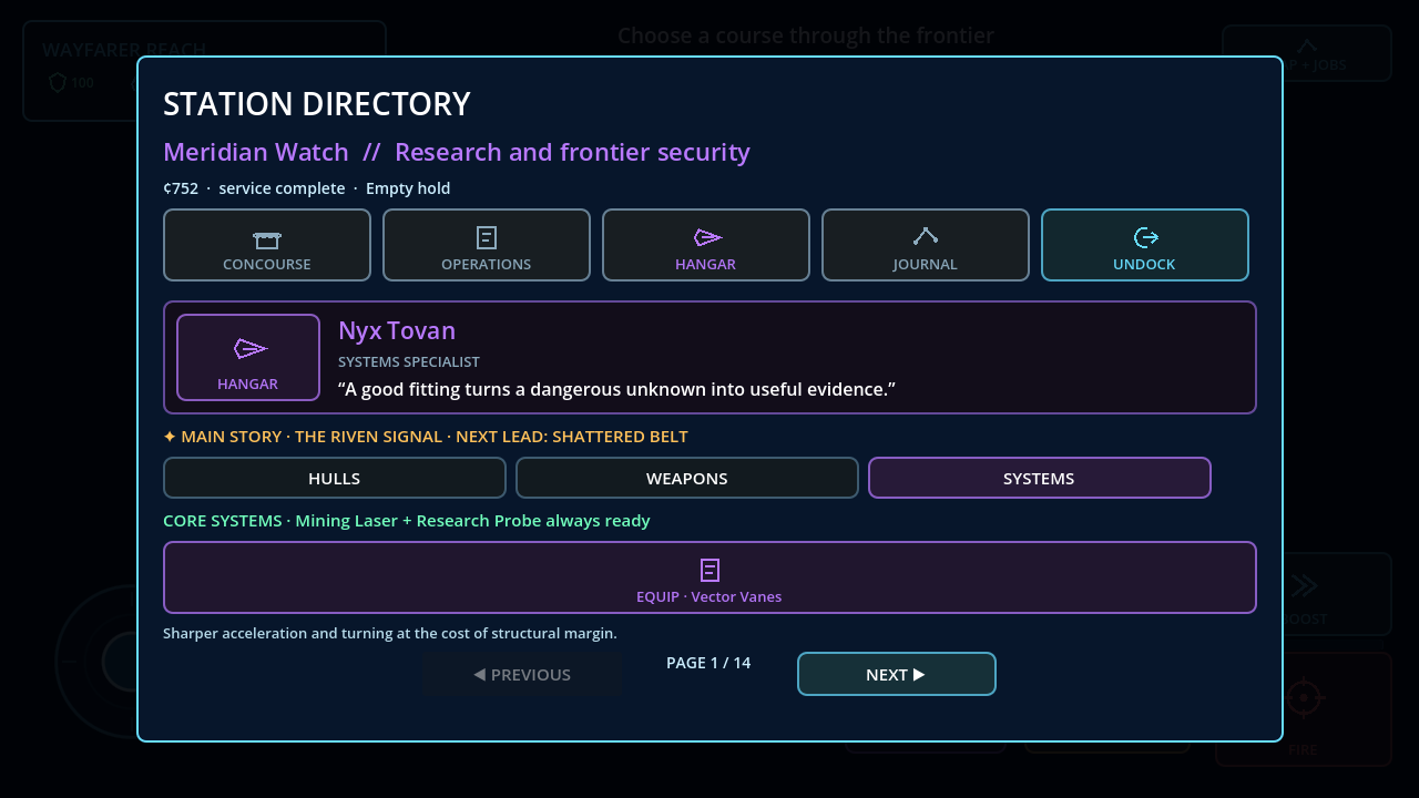 Actual development screenshot of Faintburn's Meridian Watch station directory and ship systems